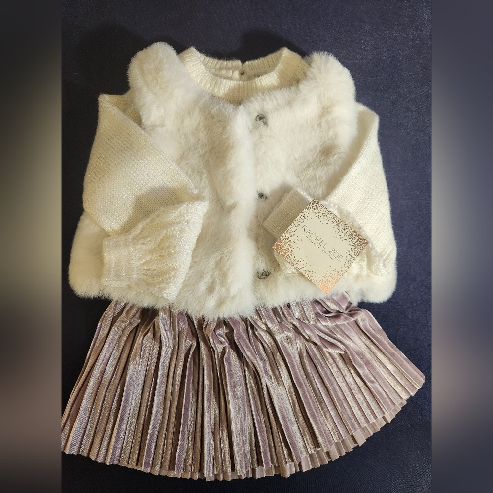 Rachel Zoe Cream Sweater, Purple Pleated Skirt, Faux Fur Vest Set, Size 2T, NWT